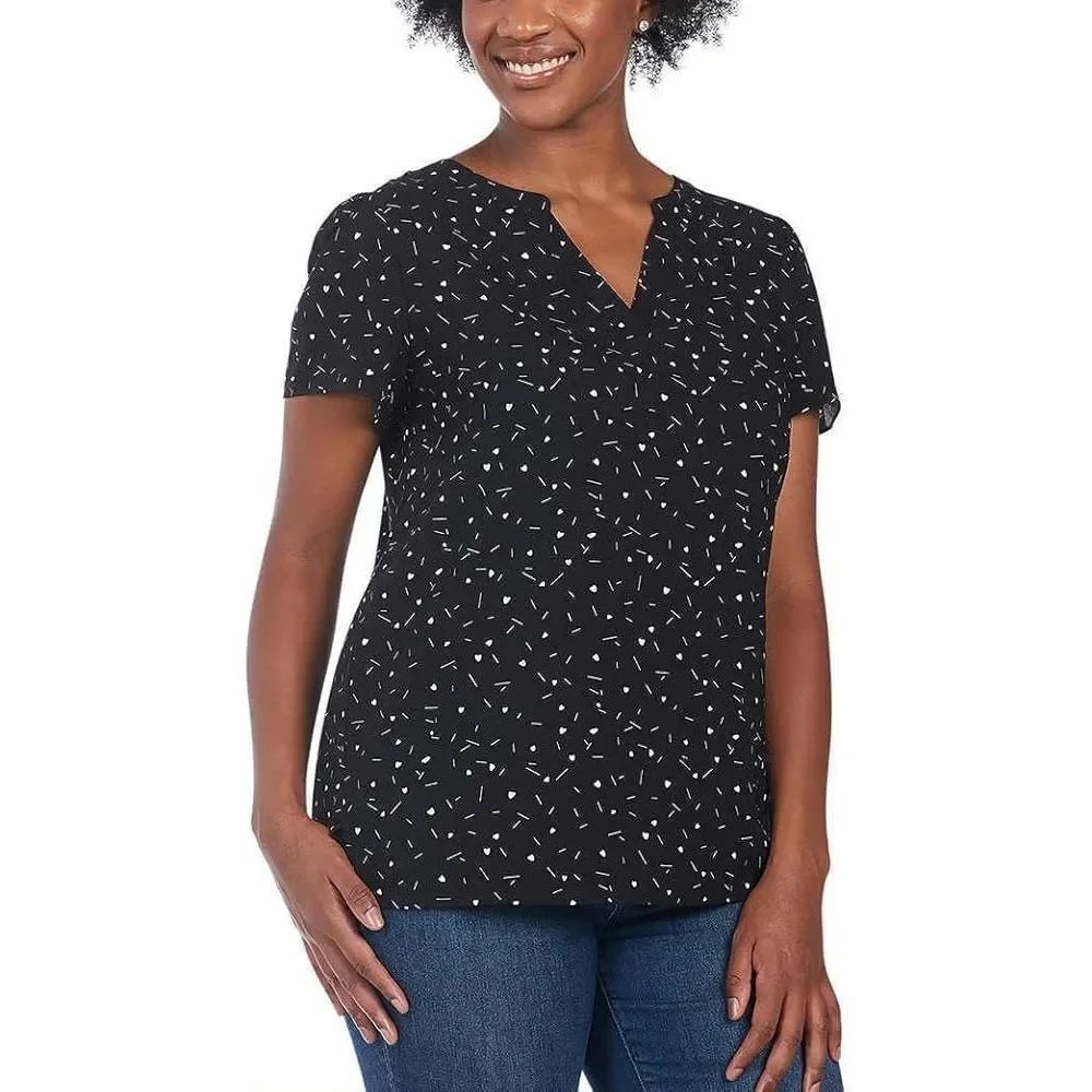 NWT Womens Hillary Radley Split Neck Black Heart Print Flowy Top - Sz XXL